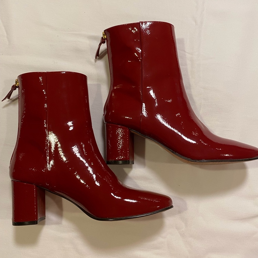 EUC J Crew women’s red patent leather high heeled boots 6.5